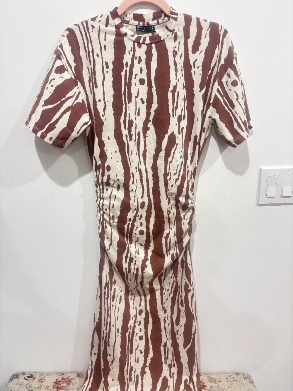 ASOS DESIGN Midi T-Shirt Dress Size 4 Brown Cream Animal Print Ruched Bodycon